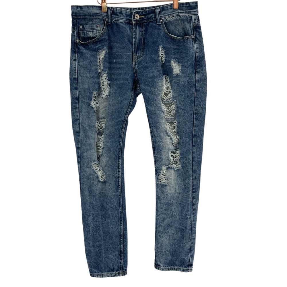 Trillnation Thrashed Distressed Skinny Jeans Mens Size 36 Acid Wash Denim Blue